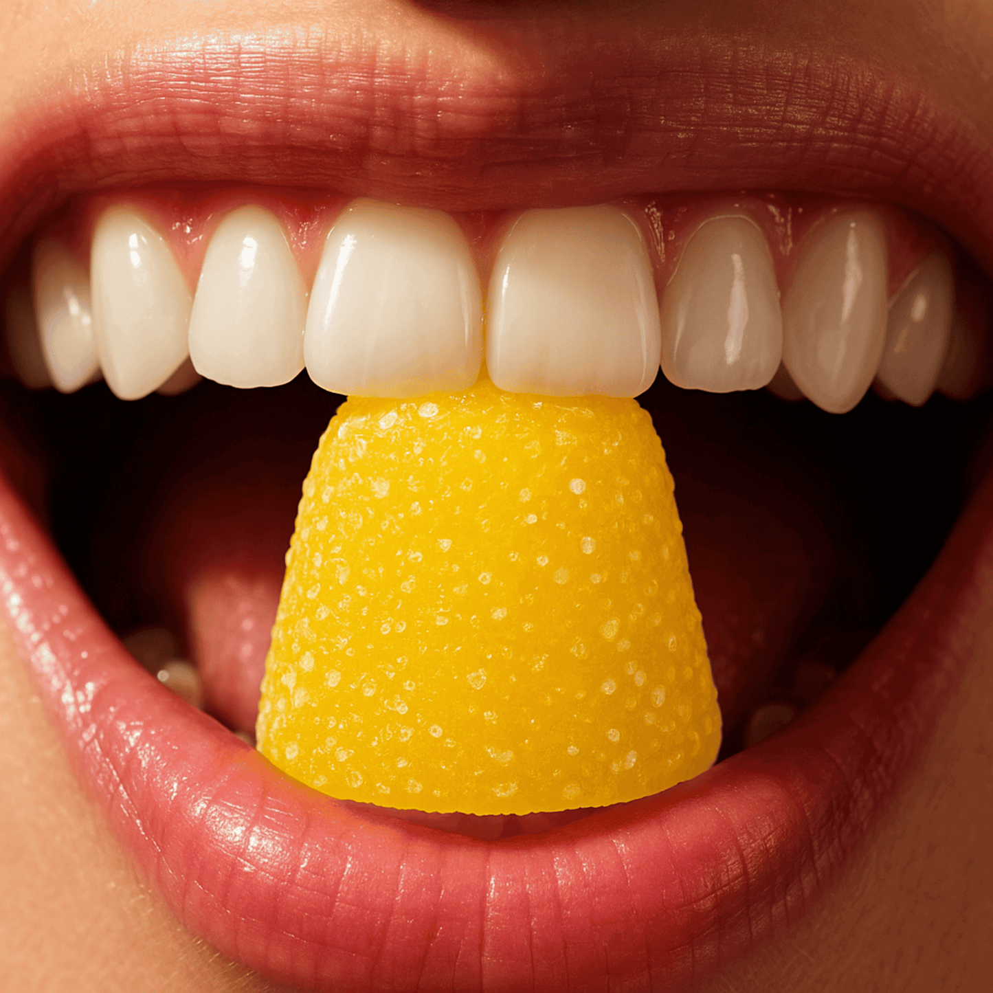 Żelek z kreatyną Yummy Gains trzymany w zębach – zbliżenie