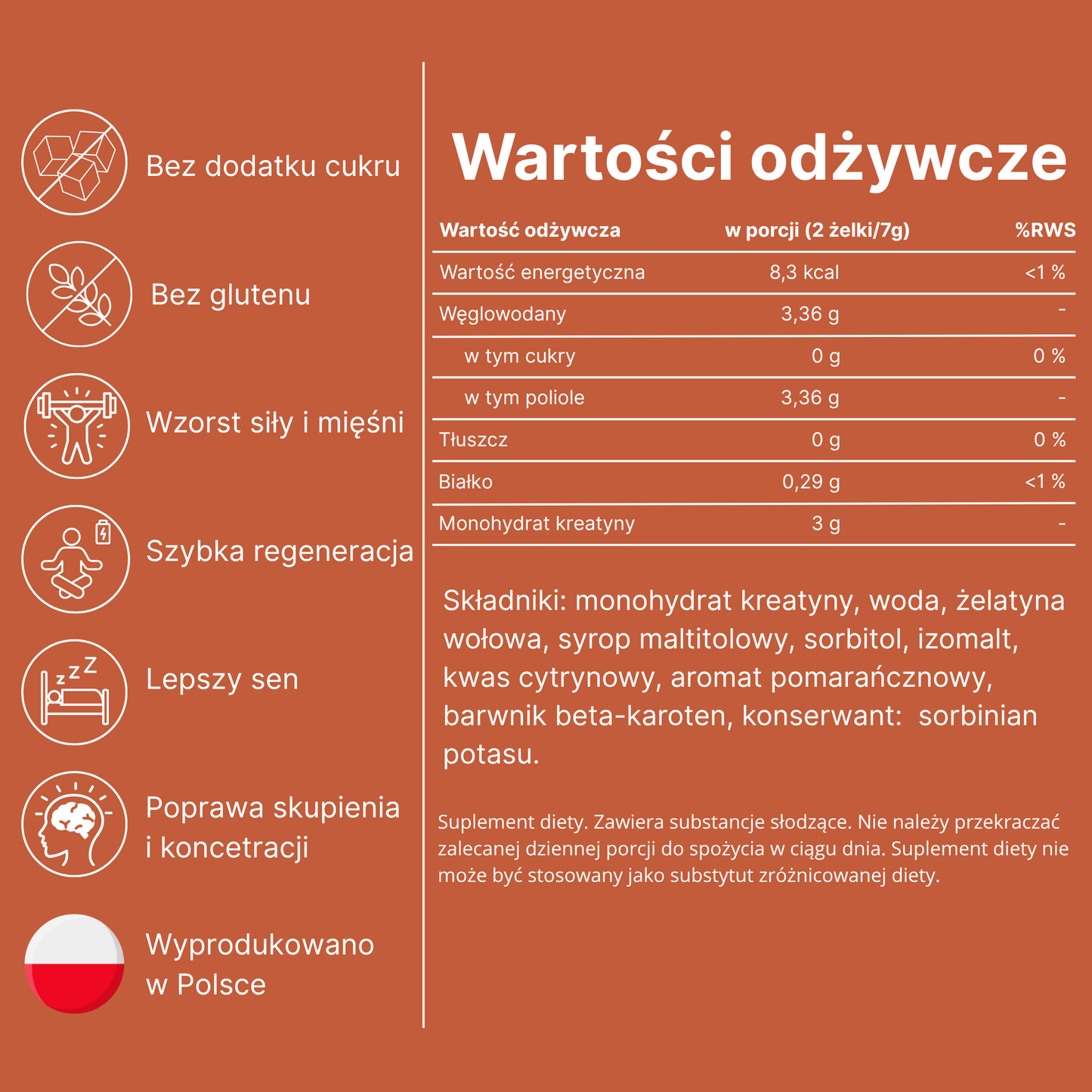 Wartości odżywcze i składniki żelków z kreatyną Yummy Gains – 3g kreatyny w porcji, bez cukru, bez glutenu