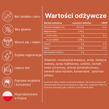 Wartości odżywcze i składniki żelków z kreatyną Yummy Gains – 3g kreatyny w porcji, bez cukru, bez glutenu